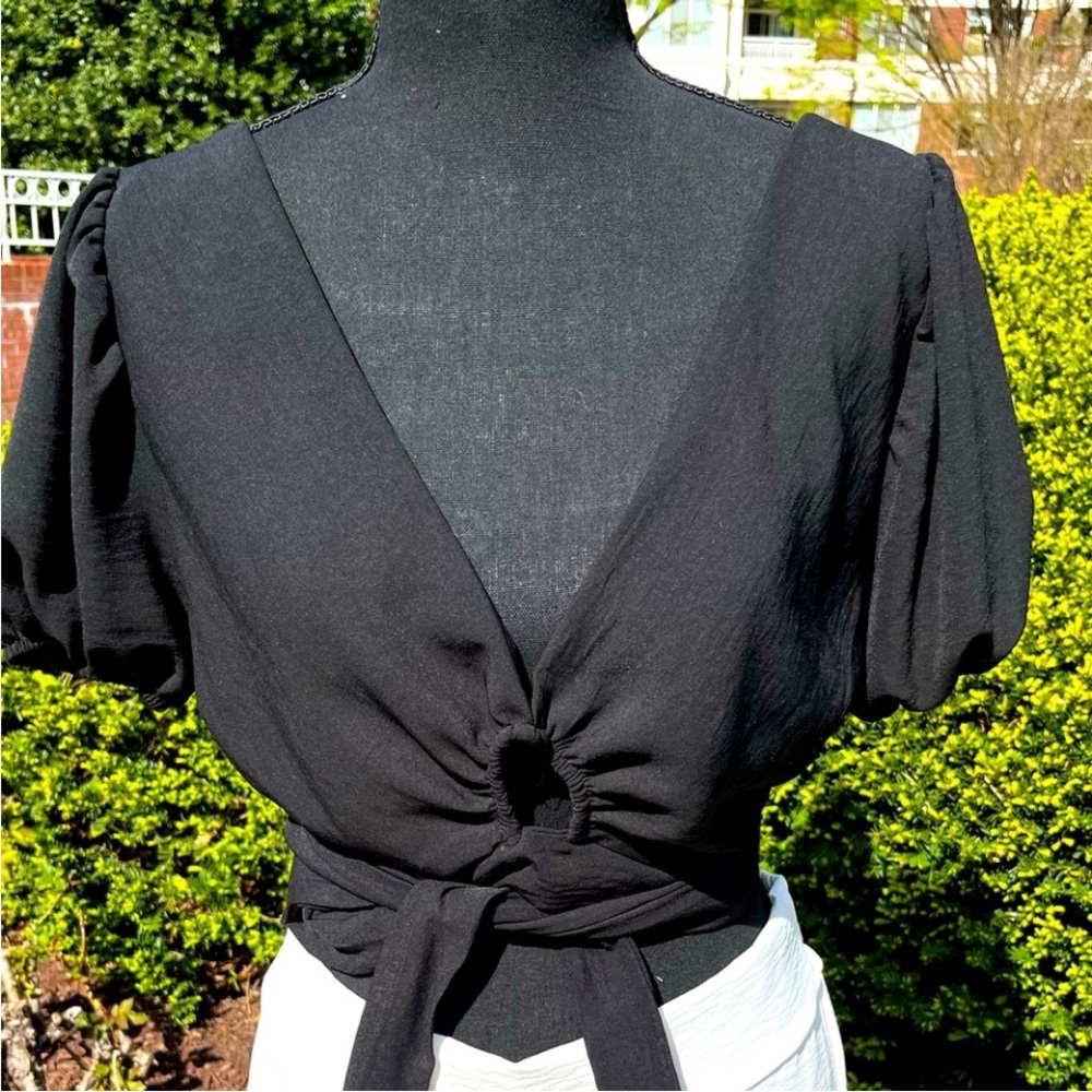 Black Rayon Crop Top ONE SIZE pit to pit 20in,  adjustable Wrap tie waist